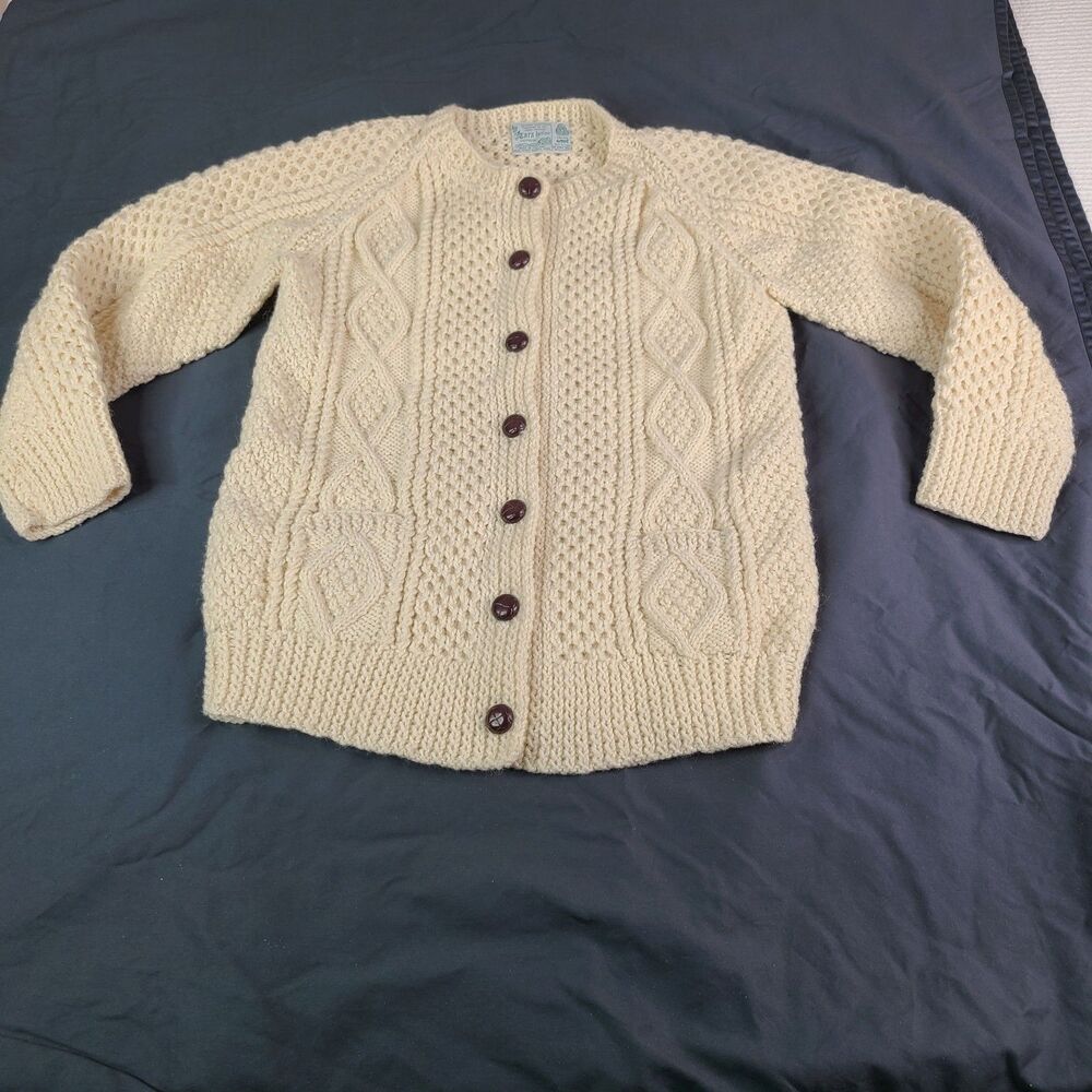 Vintage Irish Wool Hand Knit Womens S? Cable Fisherman Cardigan Ivory Ireland